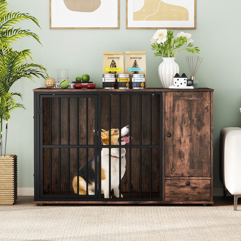 Gymax 47 5''Dog Crate End Table w/ Hidden Bowls & Storage