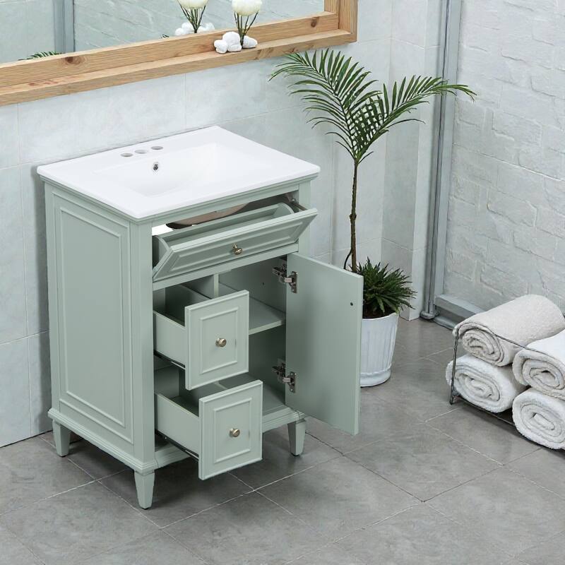 24" Bathroom Vanity with Sink, Flip Drawer & 2 Drawers, Solid Wood Frame, Adjustable Shelf, Ceramic Top
