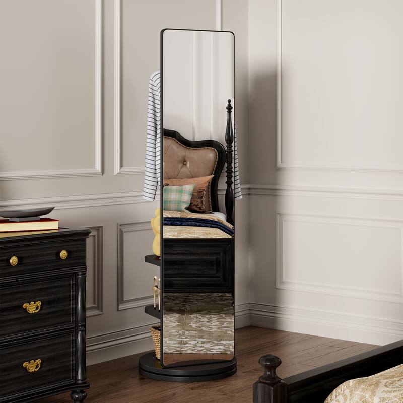 360°Rotating Multifunctional Coat Rack with Full Length Mirror and Hook - Black