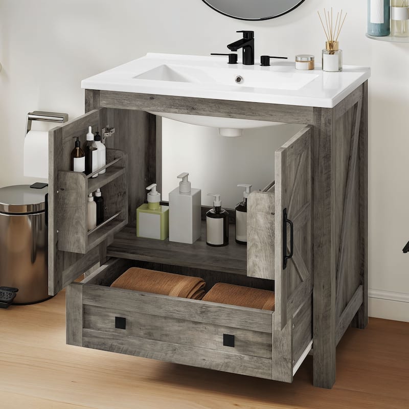 Moasis 30 Inch Farmhouse Bathroom Vanity with Sink and Barn Door Storage for Small Spaces