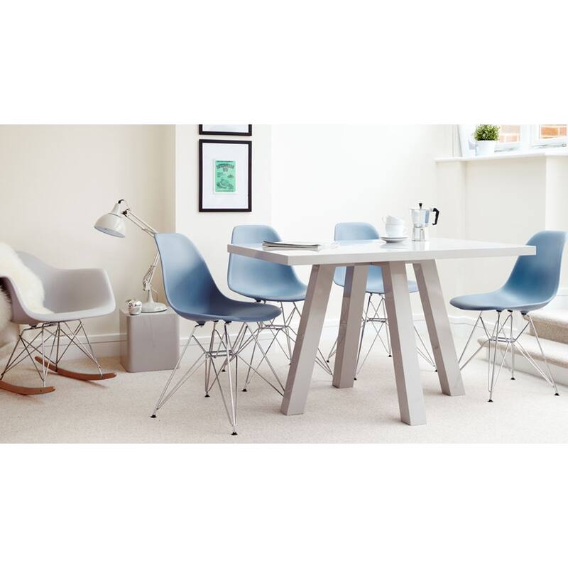 Set of 2 White Molded Plastic Dining Chairs Mid-Century Modern Armless Side Chairs with Chrome Eiffel Legs for Kitchen or Office