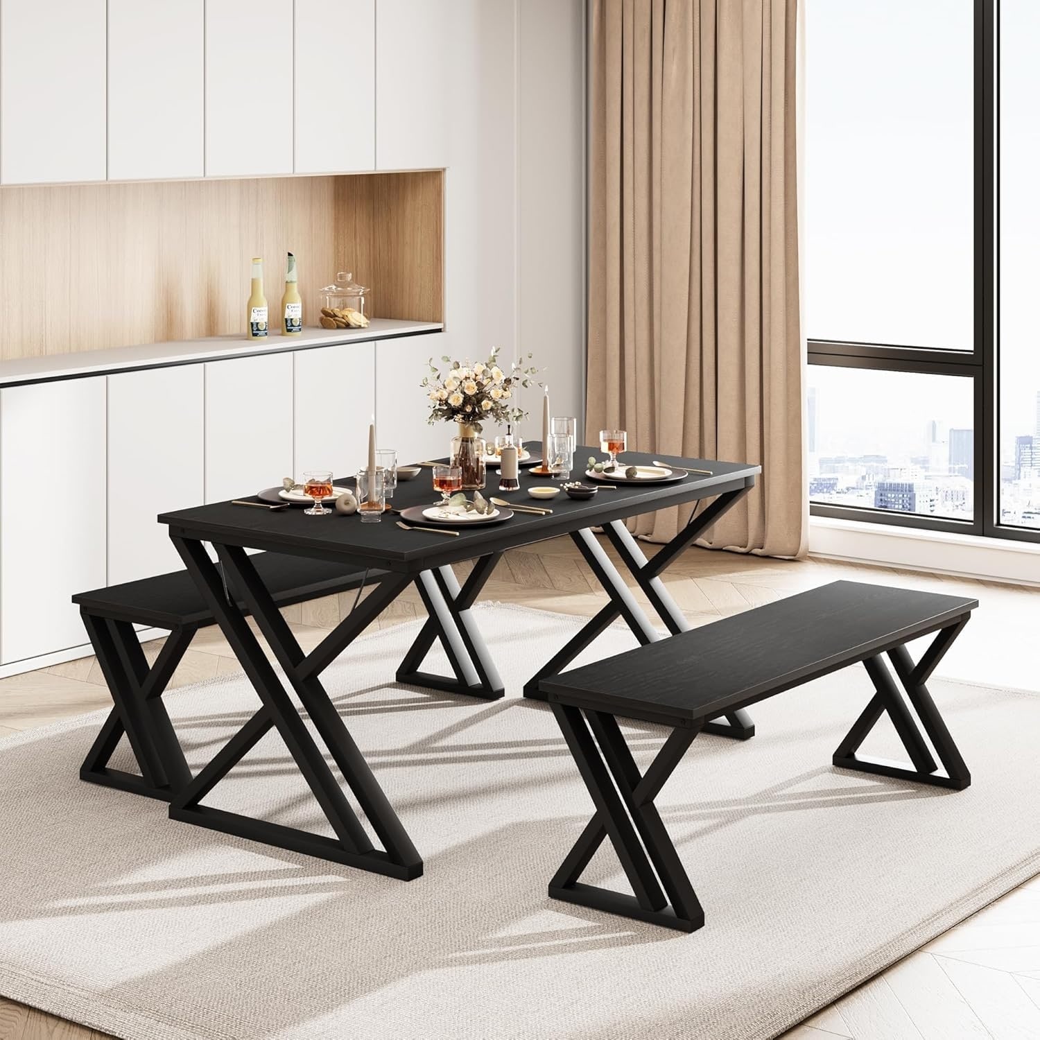 Dining Table Set with 2 Benches, 44.8" Kitchen Table for 4, Space-Saving, Black