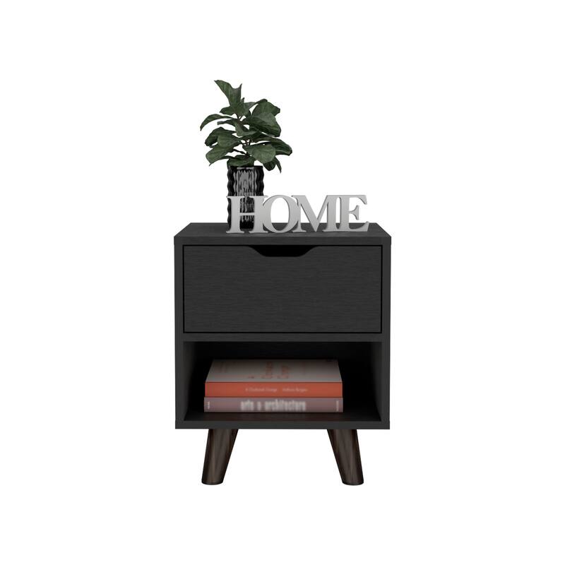 Black Modern Nightstand with Drawer, Open Shelf, and Wooden Legs