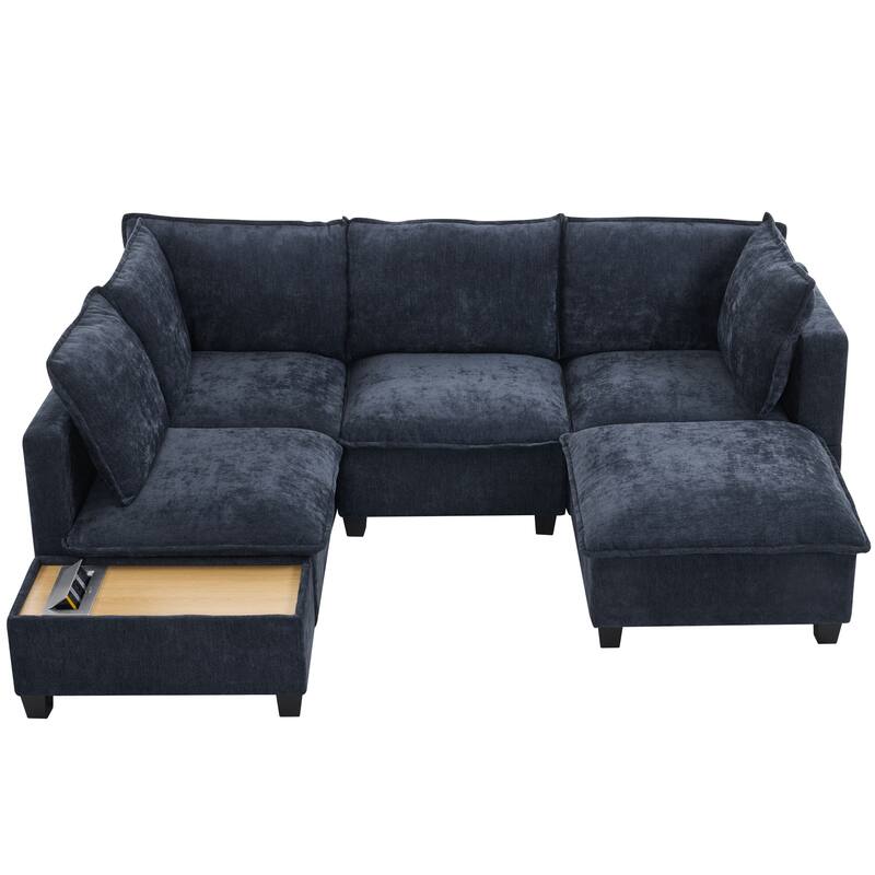 90" Chenille U-Shaped Sectional Sofa with Movable Ottoman, Coffee Table with Hidden Charging Devices, and Free Configurations