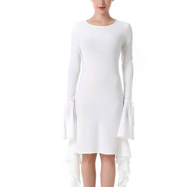 Shop Women Mini Dress Long Sleeved Round Neck Petal Sleeve Solid