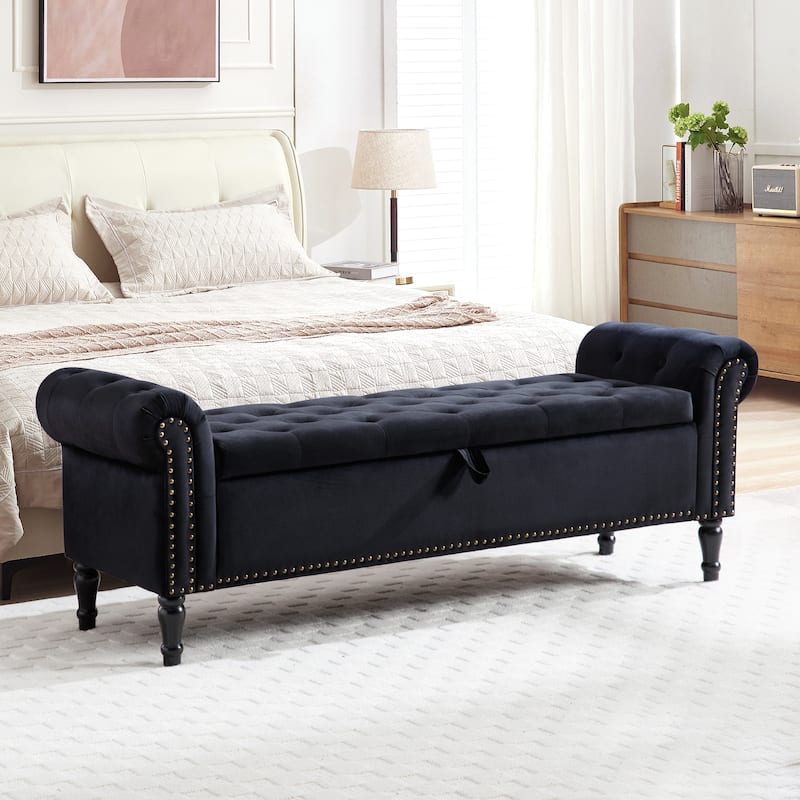67" Velvet Tufted Storage Bench for Bedroom End of Bed with Roll Arms