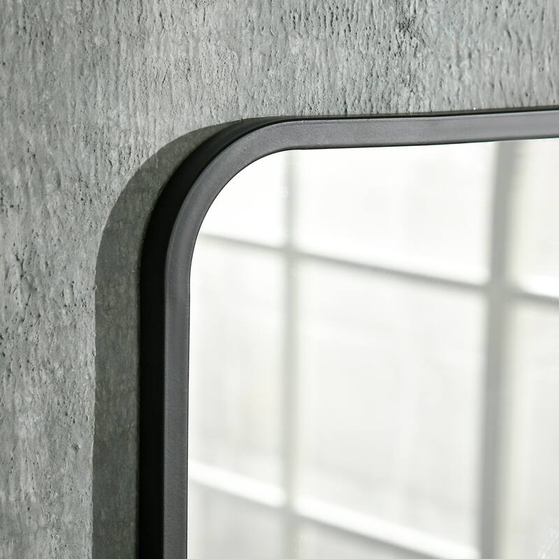 Black Metal Wall Mirror with Rounded Corners and Storage Shelf - 34" L x 21" W x 4" D