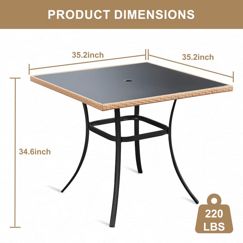 35" Square/Round Outdoor Dining Table - All-Weather Wicker Patio Table with Tempered Glass Top & Iron Frame for Balcony