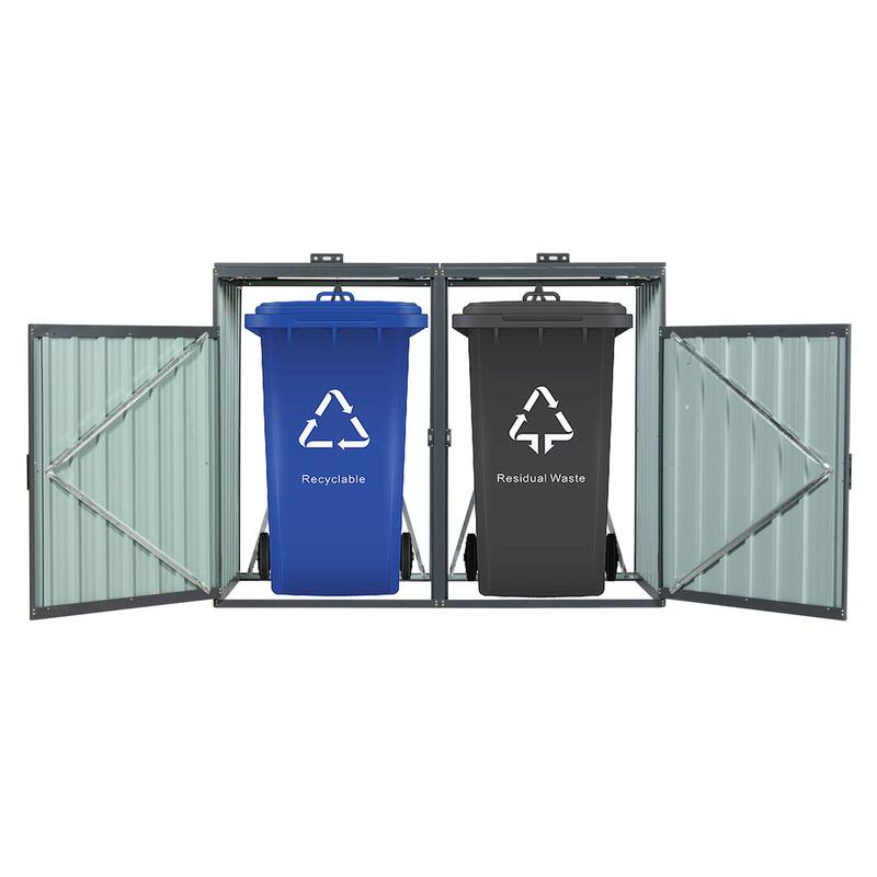 Anmytek Garbage Bin Shed Stores 2 Trash Cans Metal Outdoor Bin Shed for Garbage Storage,Stainless Galvanized Steel, Bin Shed