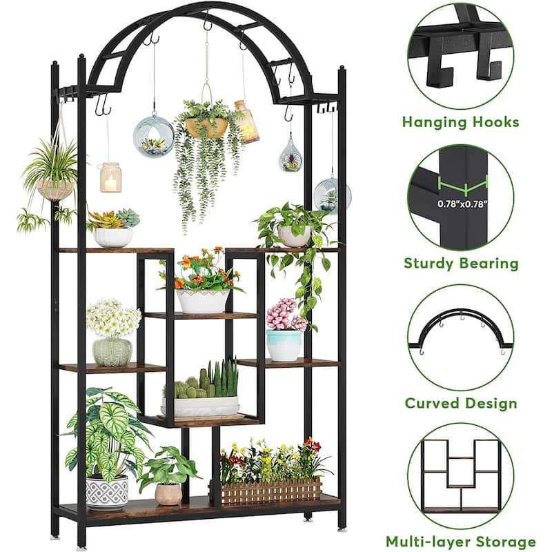 5-tier Indoor Plant Stand Metal Plant Shelf with Hanging Hooks