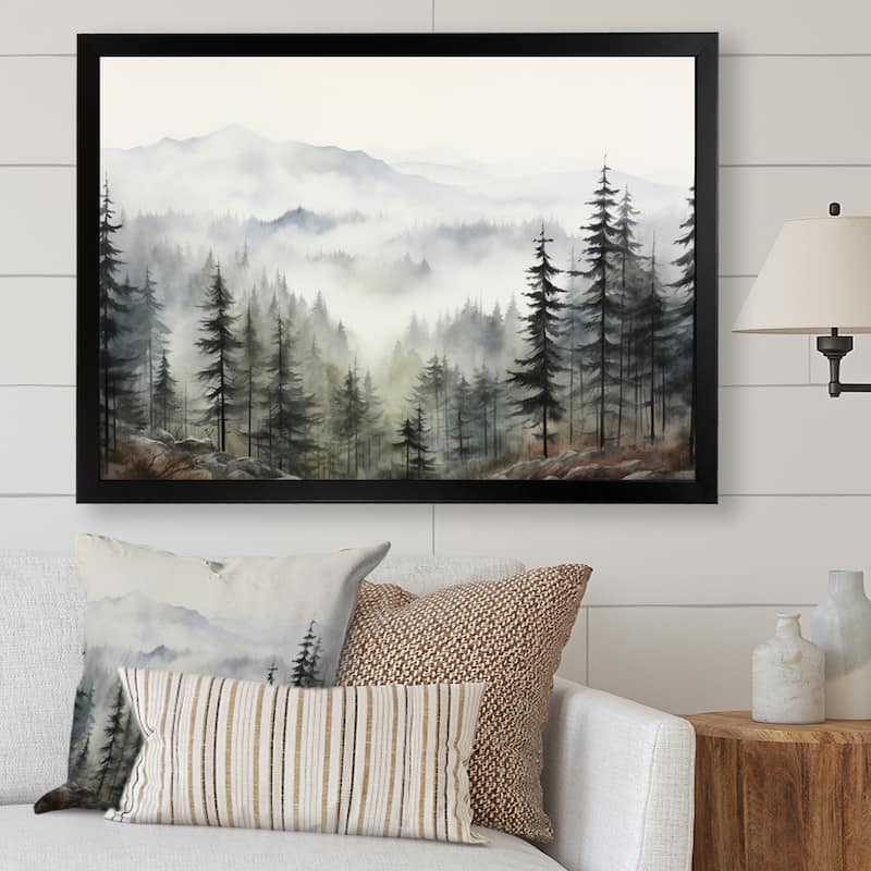 Designart "Pine Tree Misty Mountain II" Floral Framed Wall Art Living Room - Black - 40 in. wide x 30 in. high