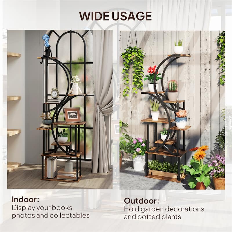 Eight-Tier Corner Plant Stand with S-Shaped Steel Frame and Fir Wood Shelves for Home Decor - 24.4" W x 10.2" D x 61.8" H