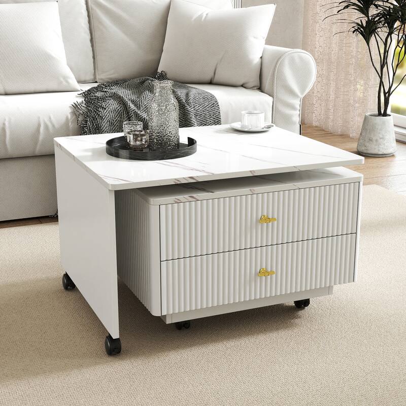 Extendable Coffee Table with Storage, Reversible Living Room Table with 2 Drawers and with 6 Wheels