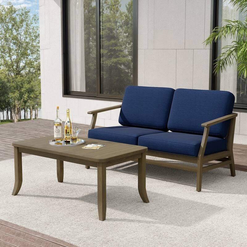Teak Outdoor Patio Loveseat and Coffee Table Set (2-Piece) - Navy - Natural Wood