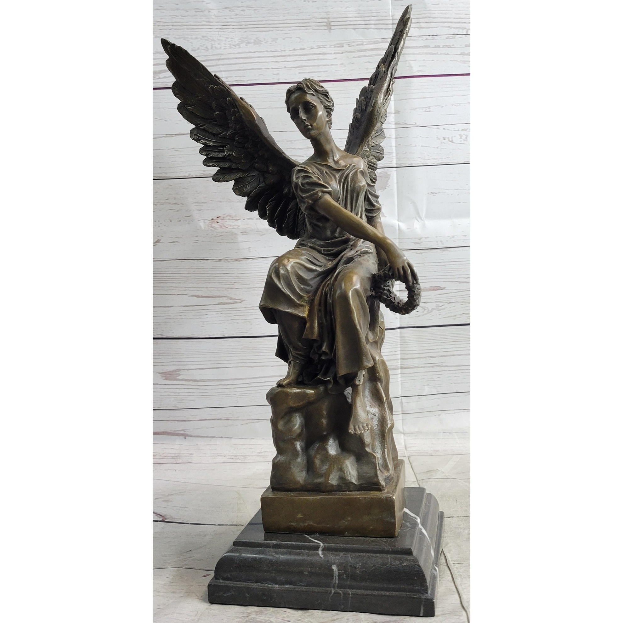 Bronze Statue Of Seated Angel Holding Wreath Sculpture On Marble Base 17 Inches X 9 Inches
