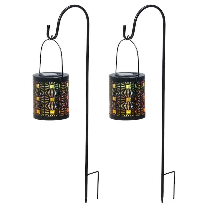 Glitzhome Set of 2 Metal Cutout Laser Outdoor Solar Lantern with Hanging LED Light Garden Stakes
