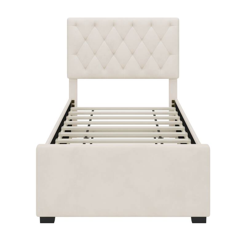 Twin Size Velvet Fabric Upholstered Platform Bed with Trundle and Adjustable Button Tufted Headboard, No Box Spring Needed