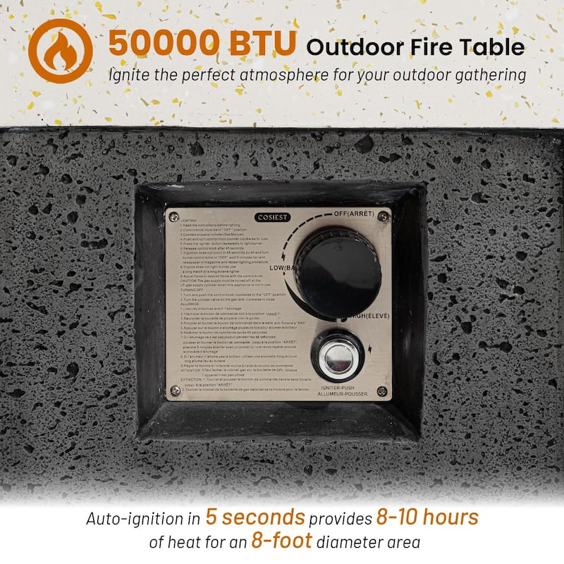 COSIEST Outdoor Concrete Propane Fire Pit Table,Marble & Wood Style Design