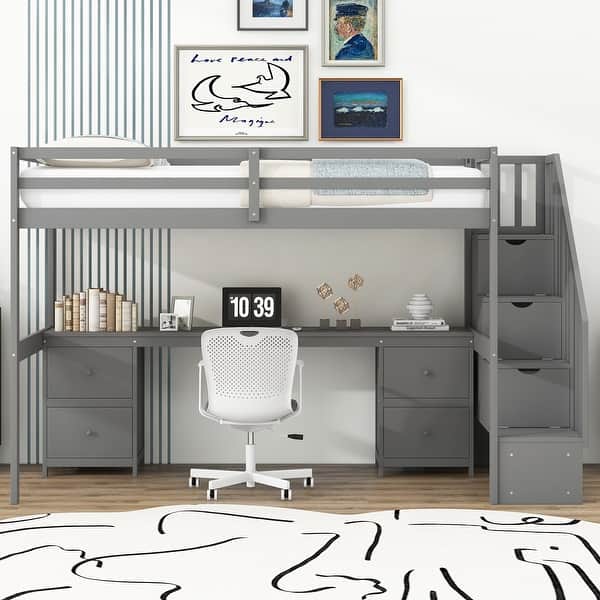 slide 2 of 14, Gray Loft Bed with Staircase, Twin Bed, Desk Underneath and 4 Drawers Gray - Twin