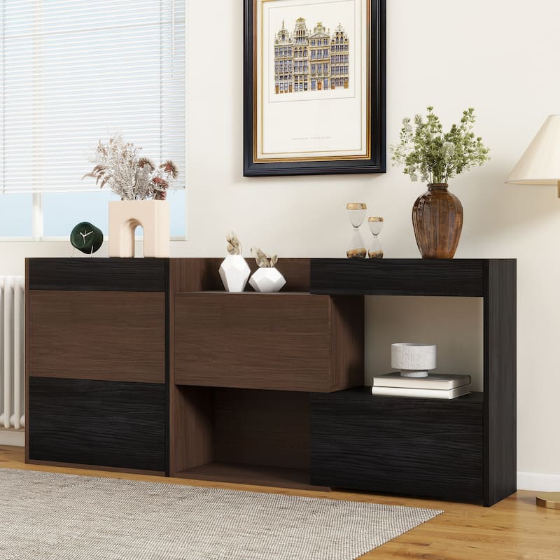 Roomfitters Set of 2 Storage Cabinets, Multifunctional Buffet Sideboards with Adjustable Shelves for Kitchen, Black & Walnut - Black + Dark Walnut