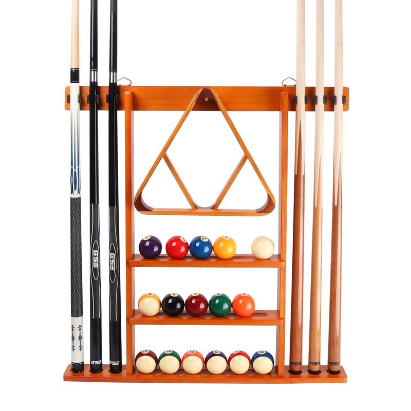 GSE™ 6-Pool Cue Wall Mounting Billiard Cue Rack, Hanging Wall Mounted Pool Cue Stick Holder - Oak