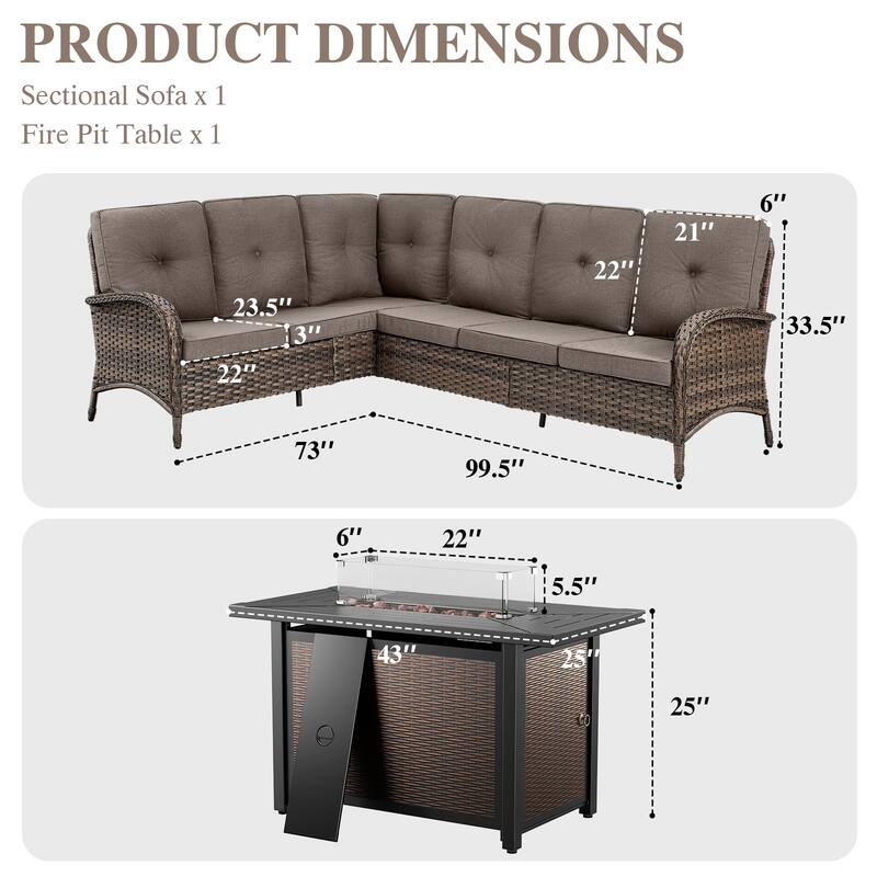 Patio Furniture Set with 43" Fire Pit Table -Grey - Brown