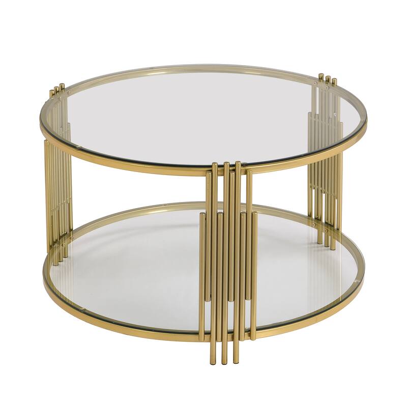 Modern Mirror Coffee Table, Asymmetrical Metal, Circular Metal Drum Base, Gold Finish & Lower Shelf