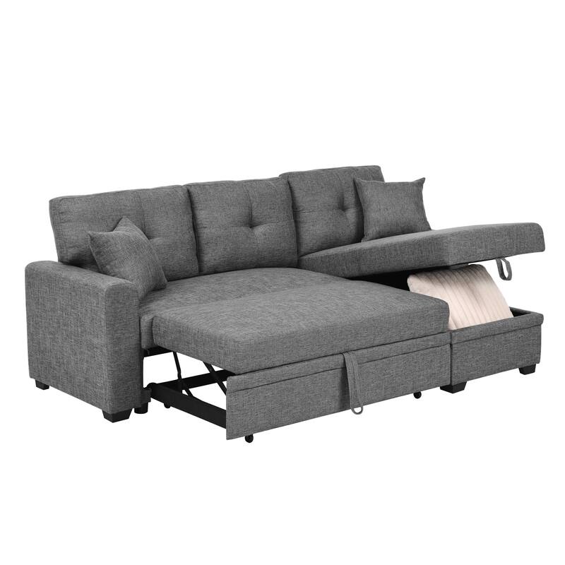 Polyester Upholstered Sleeper Sofa with Chaise and Storage 84 Inch Wide