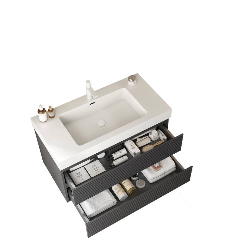 GDFStudio - Veno 30" Floating Bathroom Vanity with Striped 2 Drawer & White Integrated Rectangular Basin, WITHOUT Faucet