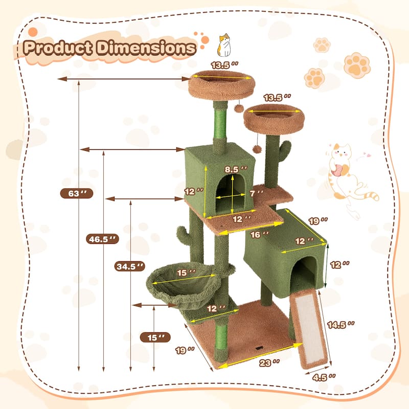 Green Multi-level Cactus Cat Tree with Scratching Posts Ladder Double Condos and Toys Bed - 23" x 19"