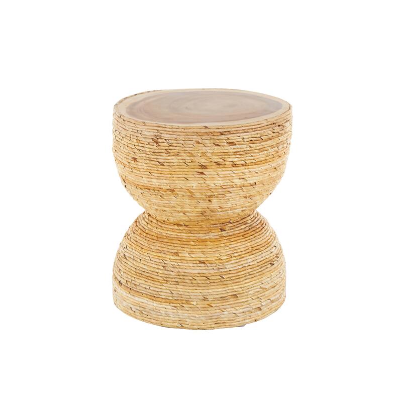Banana Leaf Handmade Woven Accent Table with Wooden Tabletop - Light Brown - Roche River Decor