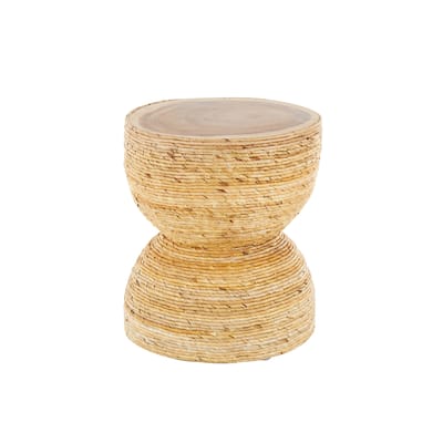 Banana Leaf Handmade Woven Accent Table with Wooden Tabletop - Light Brown - Roche River Decor - 16"W x 16"L x 19"H