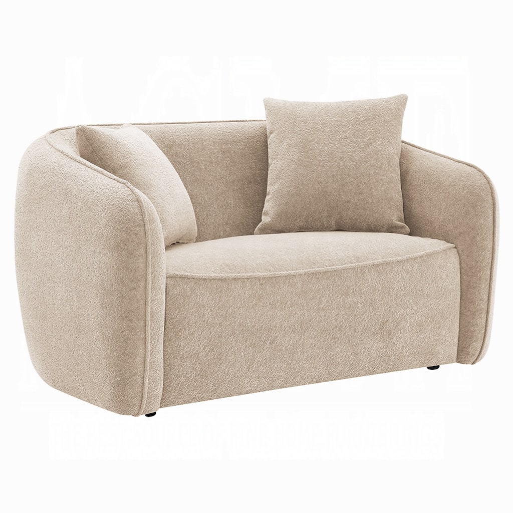 Keina Loveseat, 2 Accent Pillows, Rounded Back, Beige Chenille 57 Inch