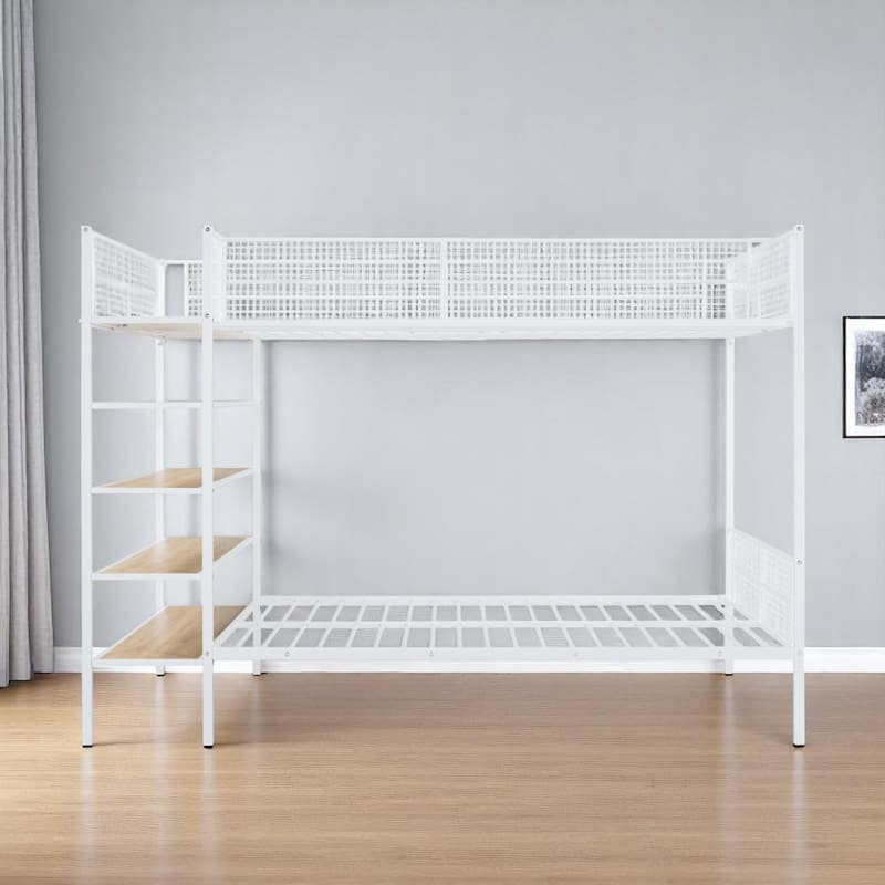 HomeRoots White Twin Over Full Industrial Metal Bunk Bed With Shelves - White - 93.00 in. x 67.00 in.  x 56.00 in.