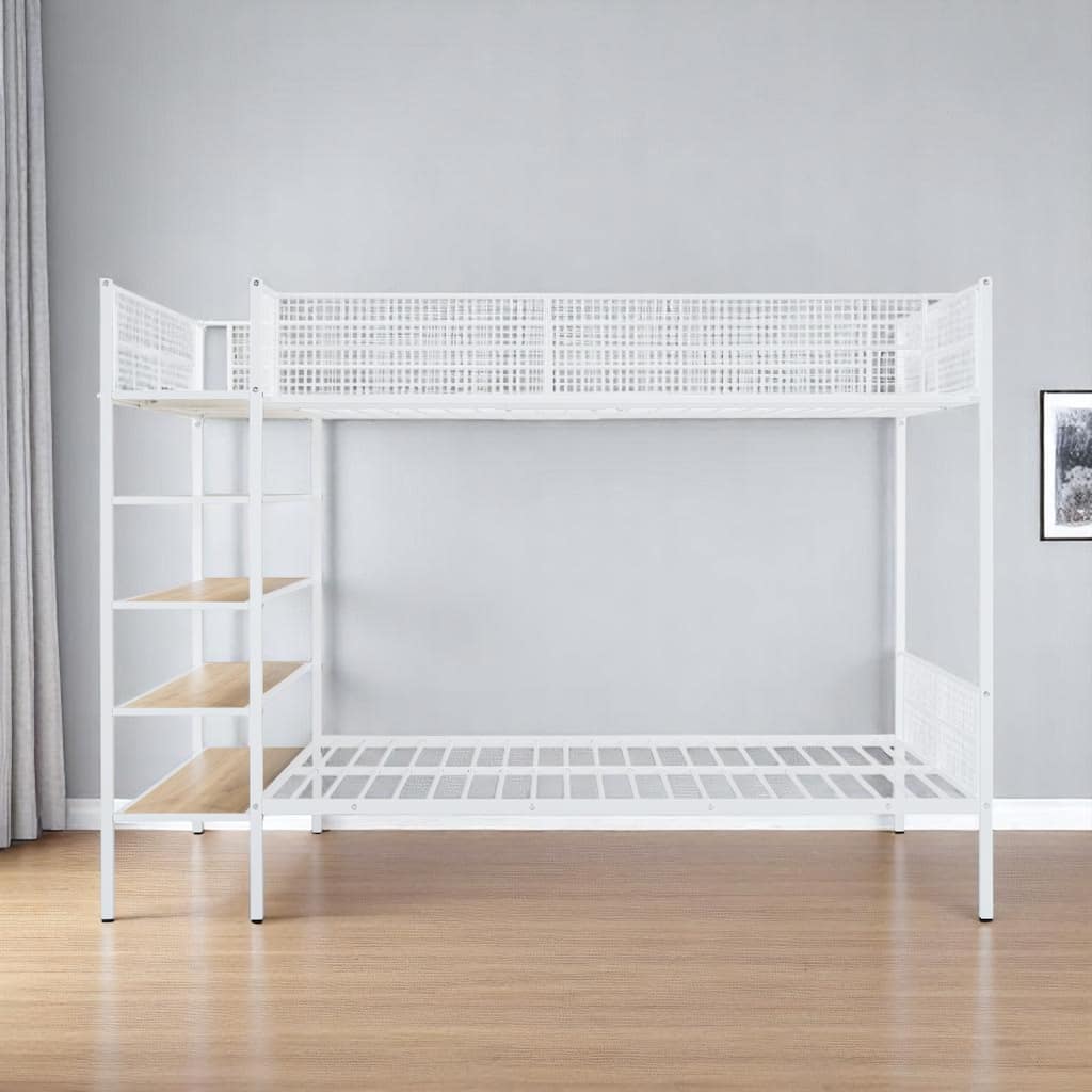HomeRoots White Twin Over Full Industrial Metal Bunk Bed With Shelves