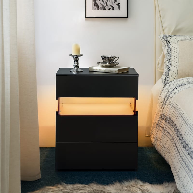 Modern 3-Drawer LED Nightstand with Acrylic Board - Black