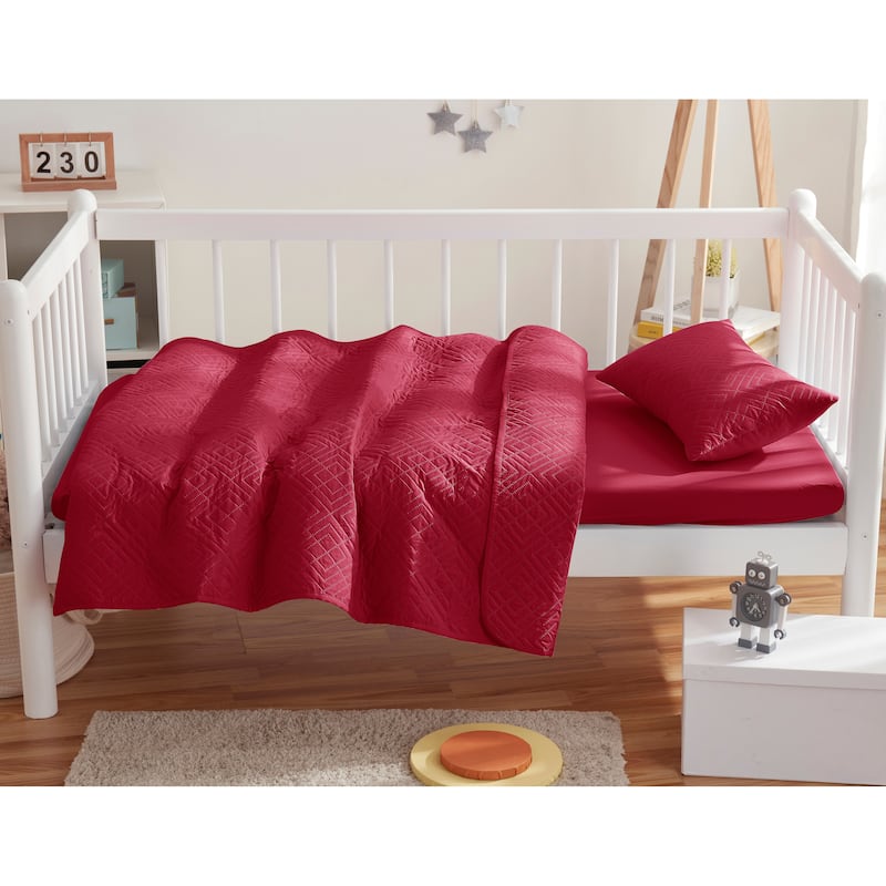 Clara Clark Diamond Weave Toddler Bedding Set, 3PC Bedspread Set - All Season Quilted Comforter, Fitted Sheet, and Pillow Sham - Raspberry