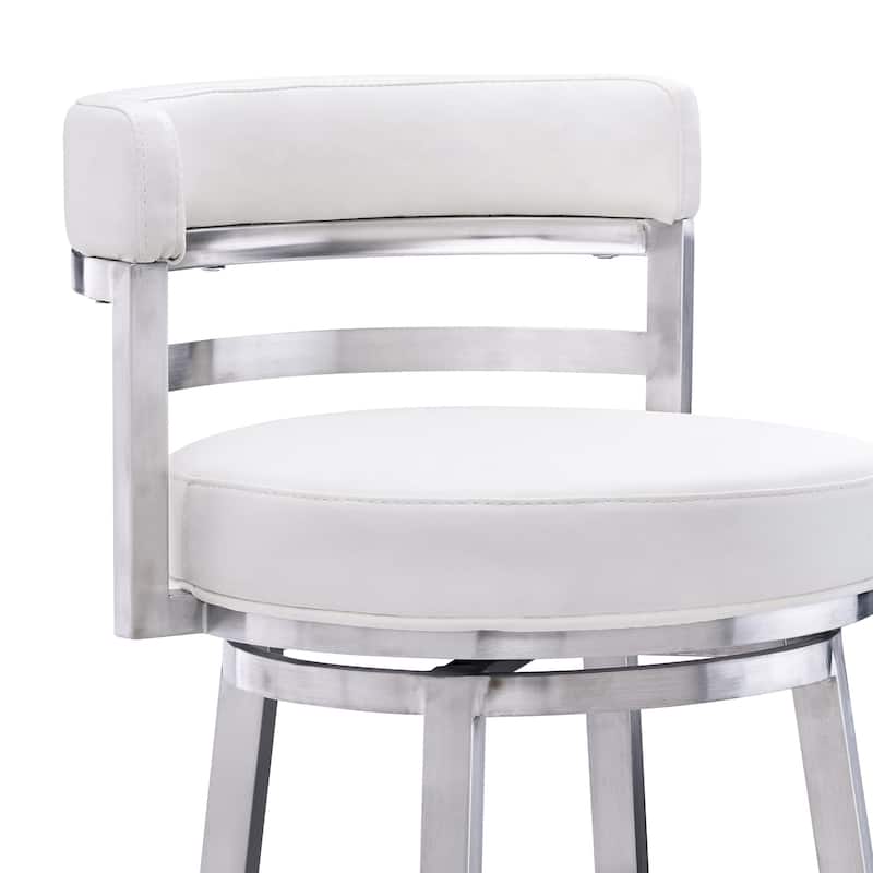 39" White And Silver Faux Leather Swivel Low Back Bar Height Chair With Footrest