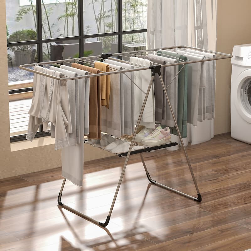 Gymax 2-Tier Laundry Drying Rack w/ Adjustable Wings Height Foot Pad