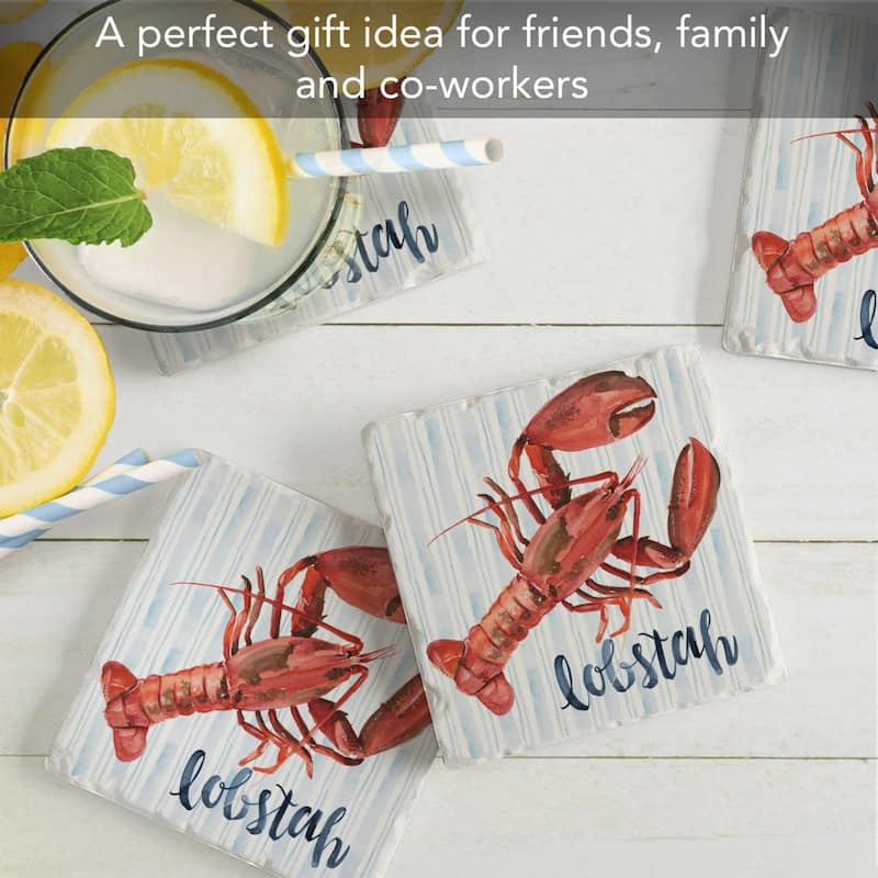 New England Lobstah 4-Pack Absorbent Stone Coasters with Protective Cork Backing 4" Square Made in The USA Easily Wipes Clean