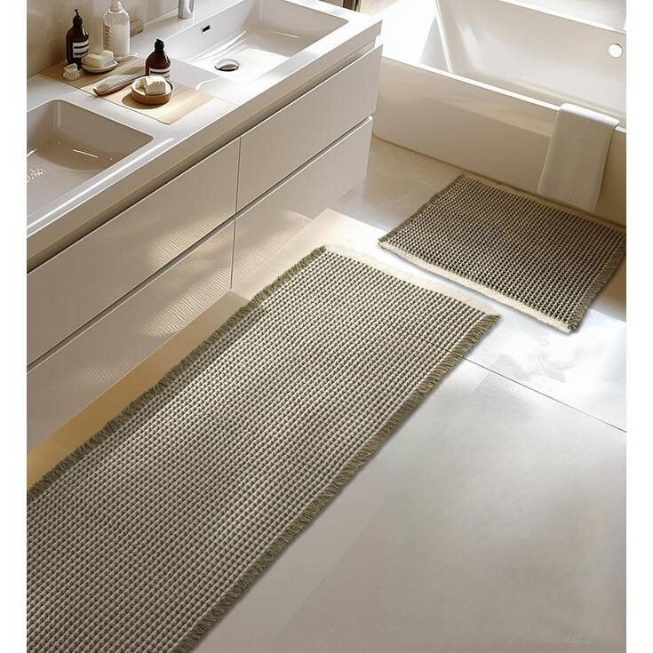 Large Waffle Bath Mat Set, Non Slip Bathroom Mat Set - Green-white