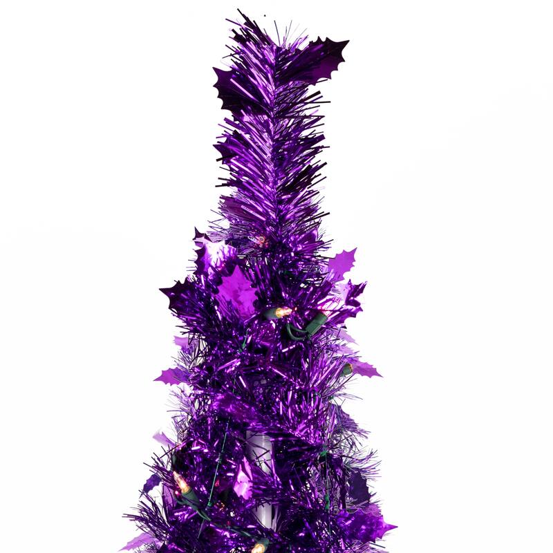 4' Purple Tinsel Pop-Up Artificial Christmas Tree, Clear Lights - 4 Foot