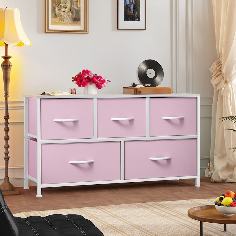 5-drawers Storage Horizontal Bedroom Dresser, Child Dresser with Wood Tabletop - Light Pink