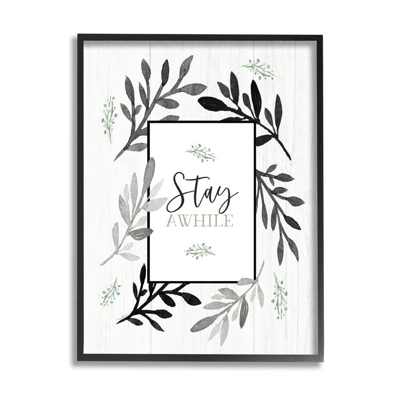 Stupell Stay Awhile Phrase Country Herb Foliage Border Framed Giclee Art Design By Elizabeth Tyndall - 24 x 30 - Black