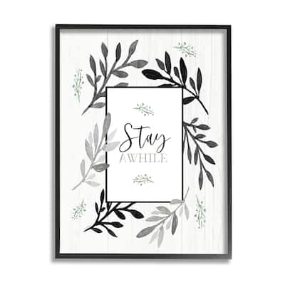 Stupell Stay Awhile Phrase Country Herb Foliage Border Framed Giclee Art Design By Elizabeth Tyndall