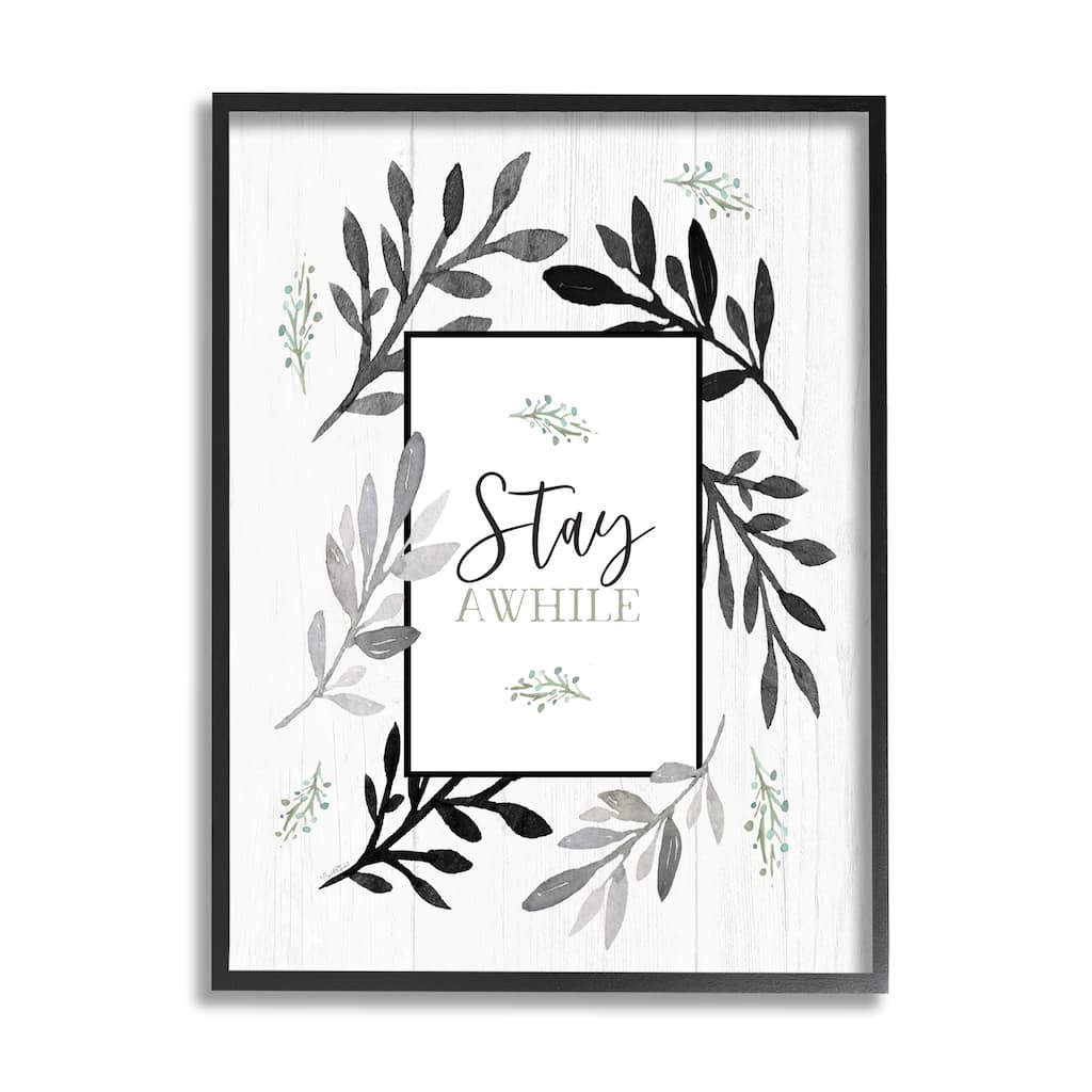 Stupell Stay Awhile Phrase Country Herb Foliage Border Framed Giclee Art Design By Elizabeth Tyndall