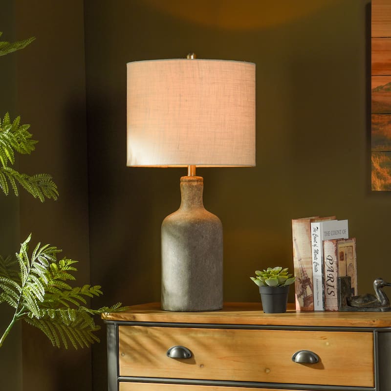 StyleCraft Olney Textured Concrete Table Lamp with Off-White Linen Drum Shade