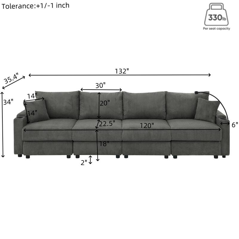 4 Seater Storage Lounge Couch Corduroy L-shaped Sectional Sofa with Ottoman, Phone Stand and Cup Holders for Living Room