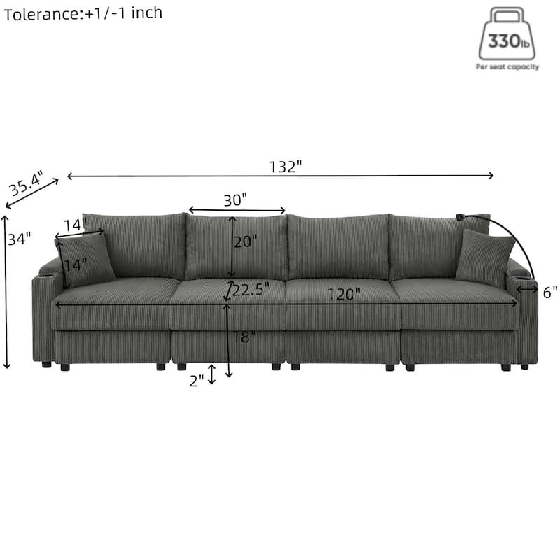 Living Room U-shaped Sectional Sofa with Chaise Lounge, Corduroy 4 Seater Couch with 2 Ottomans, Phone Stand and Cup Holders
