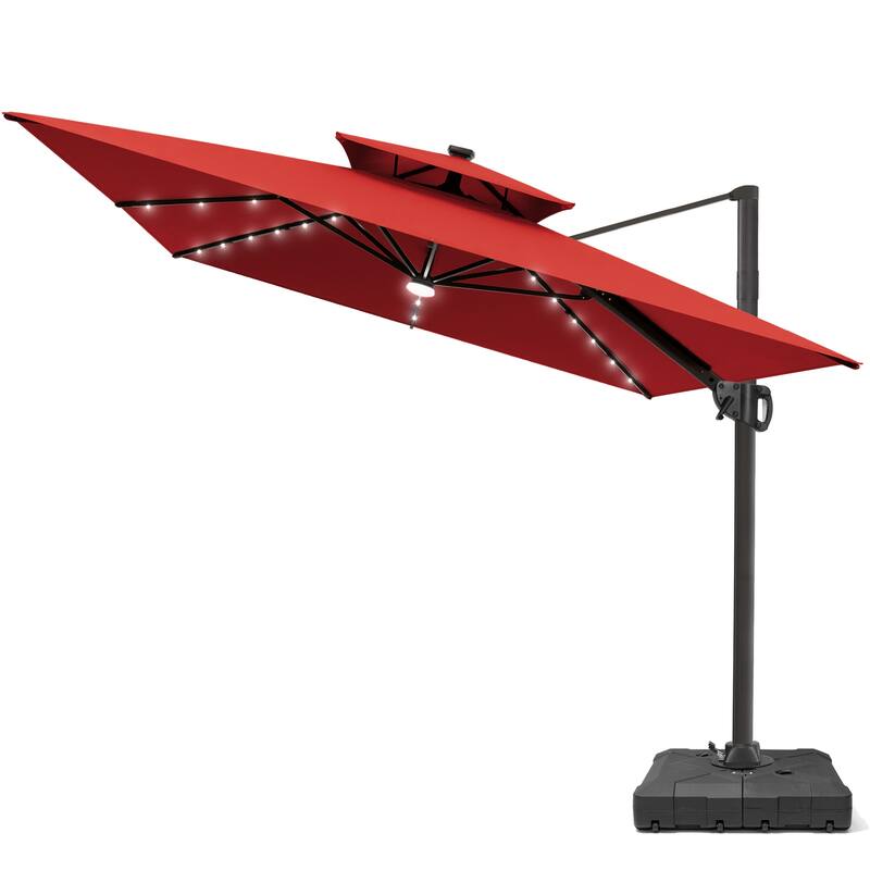 9 X 11 FT Outdoor Patio Cantilever Umbrella with Solar Lights Wheeled Base Double Canopy 360 Rotation Tilt